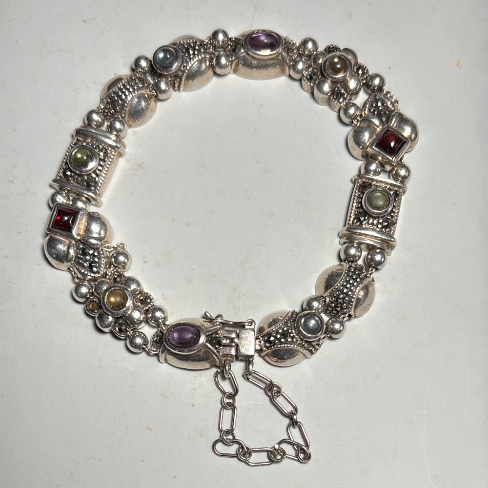 Vintage Sterling Silver Multi Gemstone Marcasite Ornate Link Bracelet 925 - Picture 1 of 13